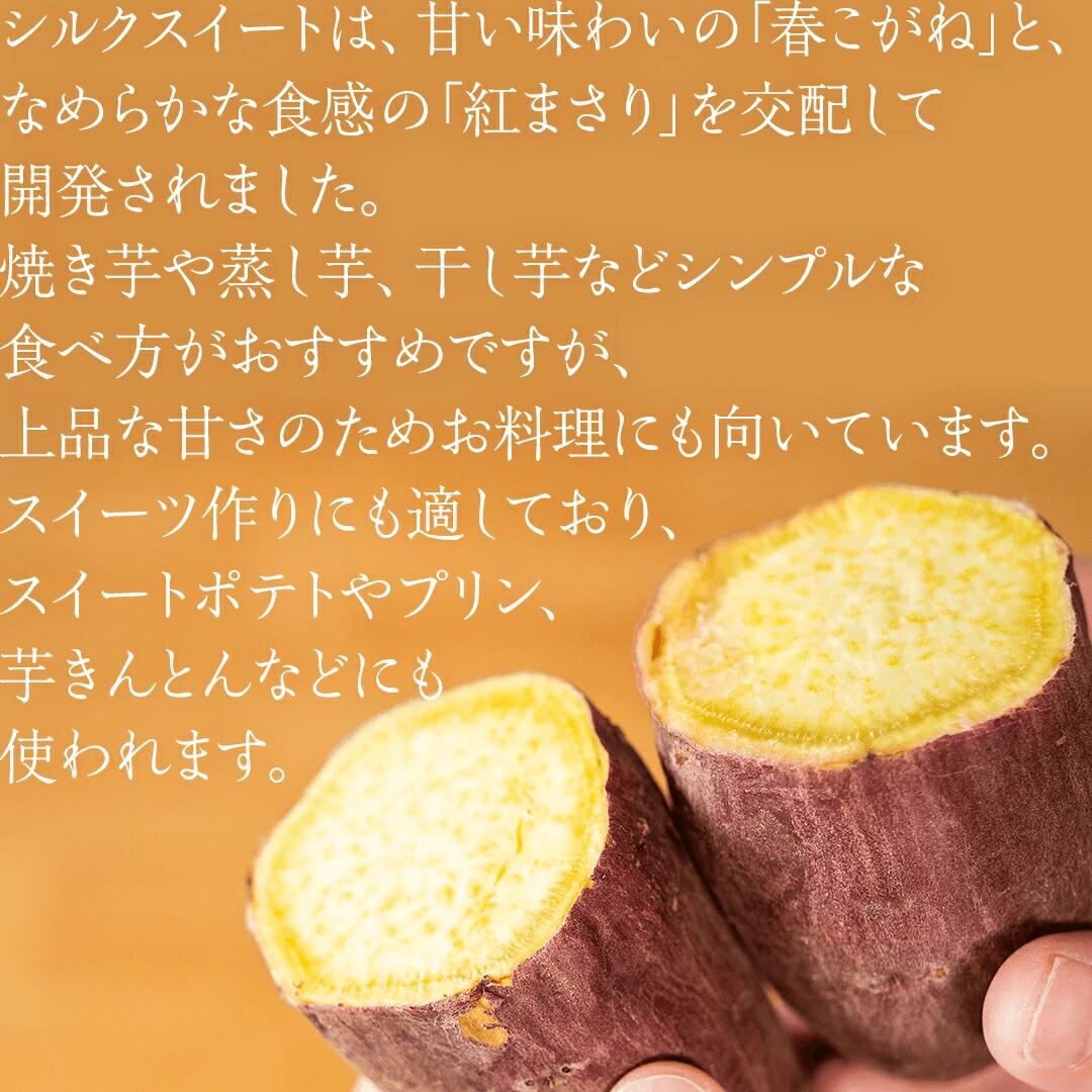 春こがねと紅まさりを交配して生まれたシルクスイート。上品な甘さで焼き芋や干し芋はもちろんスイーツ作りにも向いています